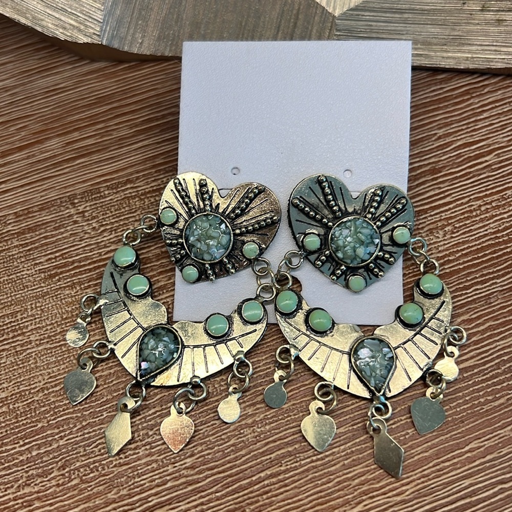 Free People Gold and Green Heart Earrings